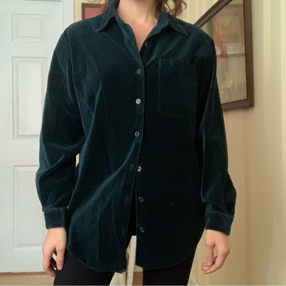 Vintage 90s Green Velvet Oversized Button Down Shirt - Small
